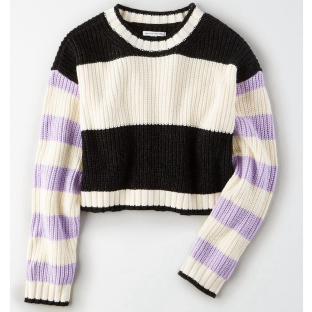 NWOT 🦅 American Eagle Outfitters Striped Color Blocked Cropped Knit Sweater - L